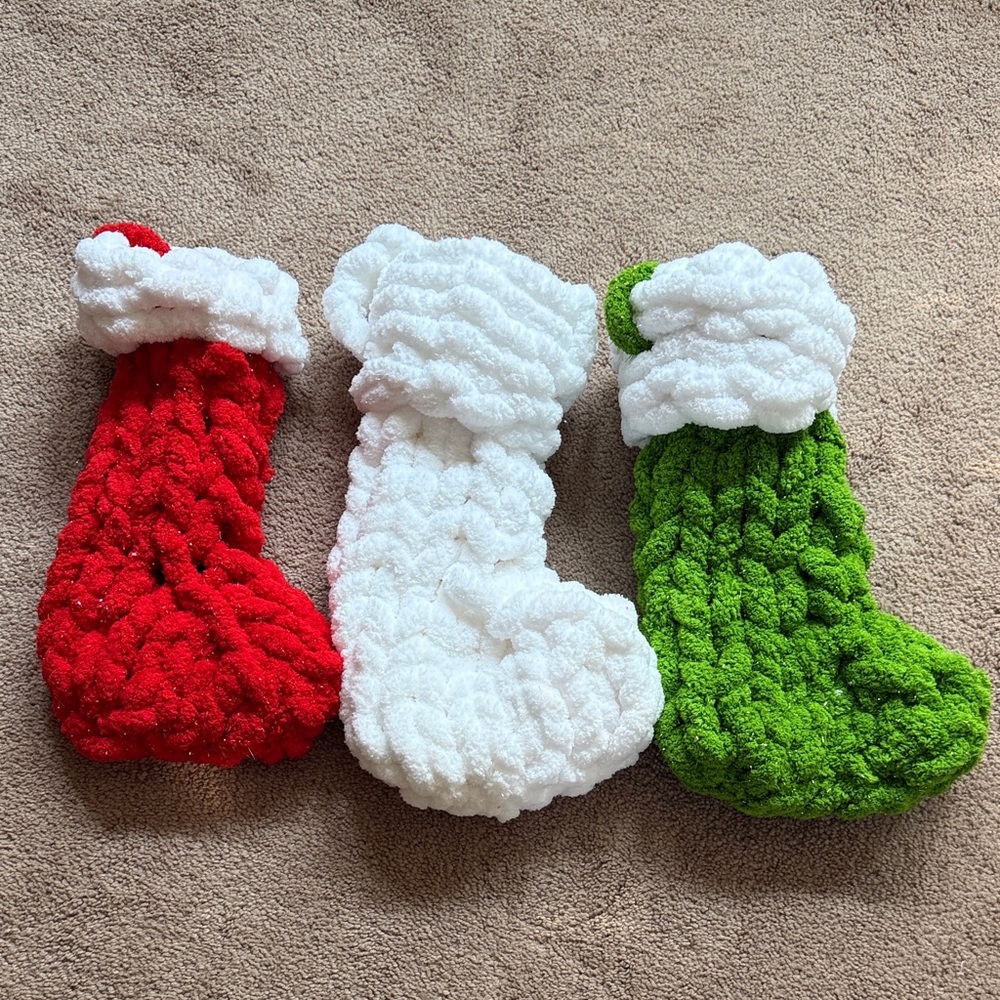 New. Set of 3 - Cozy Knit Christmas Stockings Trio. Red. White. Green. Holiday.